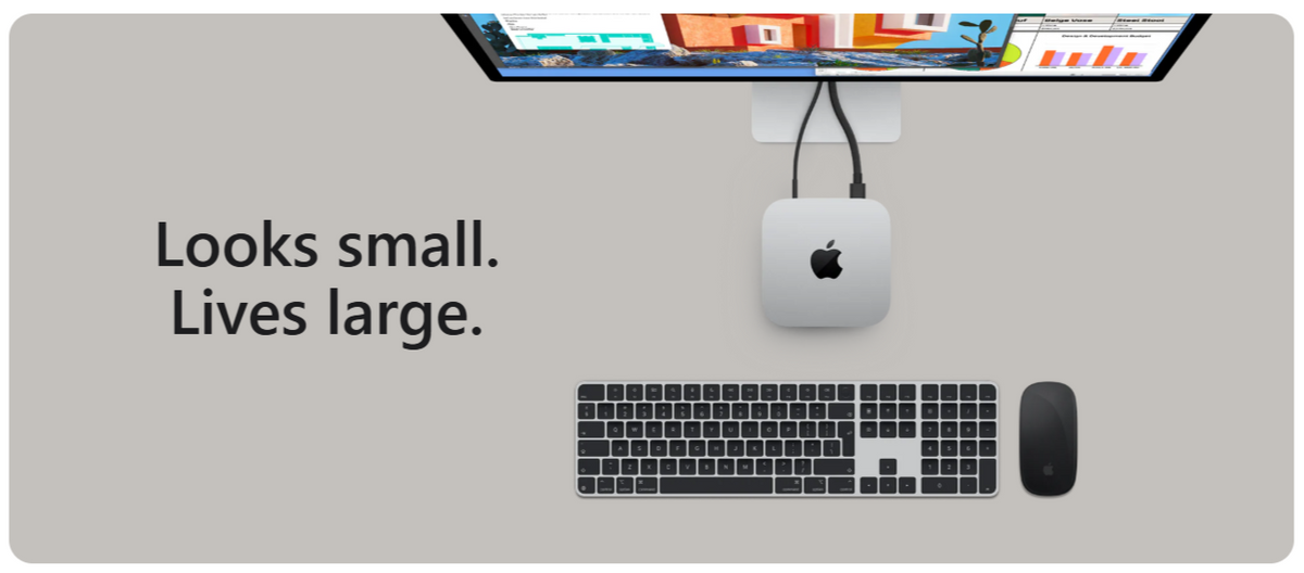 Small Apple device on a desk with text 'Looks small. Lives large.'