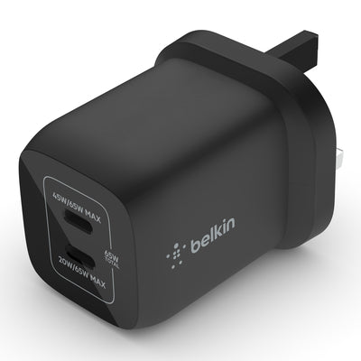 Belkin - 65W Dual Usb-C Gan Pd Wall Charger With Pps - C1/C2=65 - C1+C2=45+20 - White