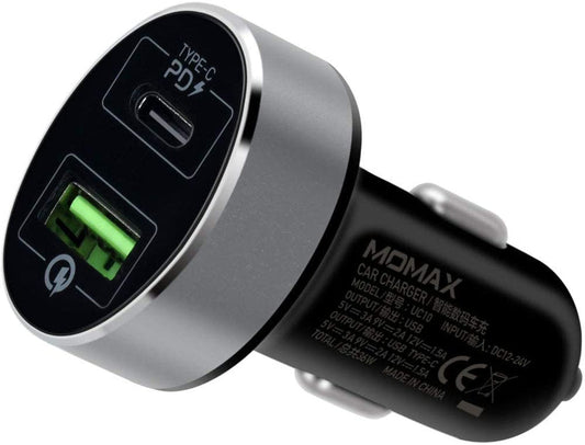 UC10D|MOMAX DUAL-PORT USB WITH TYPE-C PD+QC3.0 FAST CAR CHARGER 38W BLACK